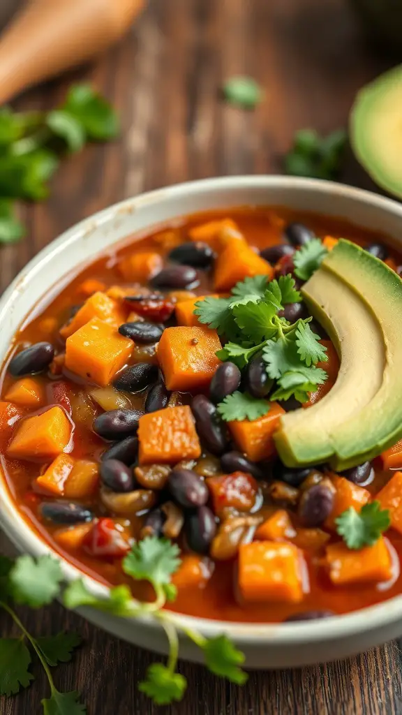 A bowl of Sweet Potato and Black Bean Chili topped with avocado and cilantro.