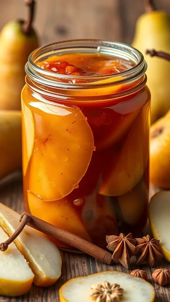 A jar of spiced pear jam surrounded by fresh pears and spices.