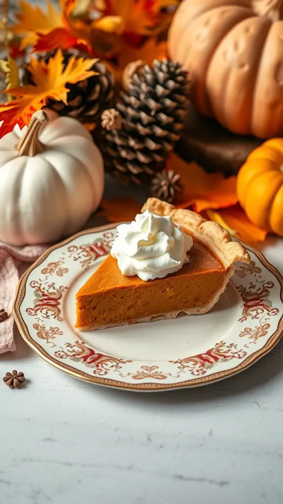 A slice of pumpkin pie topped with whipped cream on a decorative plate, surrounded by autumn decorations.