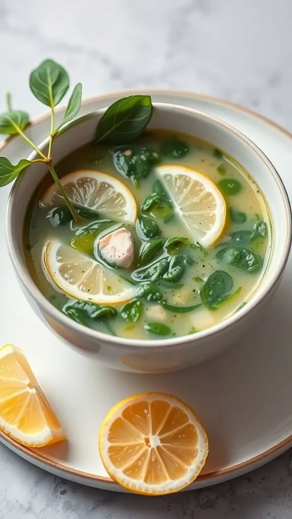 A bowl of Turkey and Spinach Soup with Lemon, garnished with lemon slices and fresh spinach.