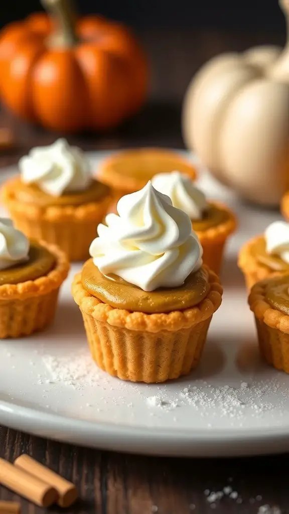 A plate of Ritz Cracker Pumpkin Pie Bites topped with whipped cream, with pumpkins in the background.