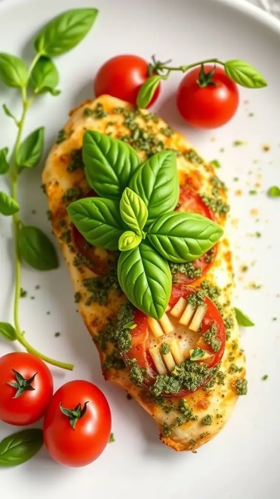 Baked Pesto Chicken with tomatoes and basil