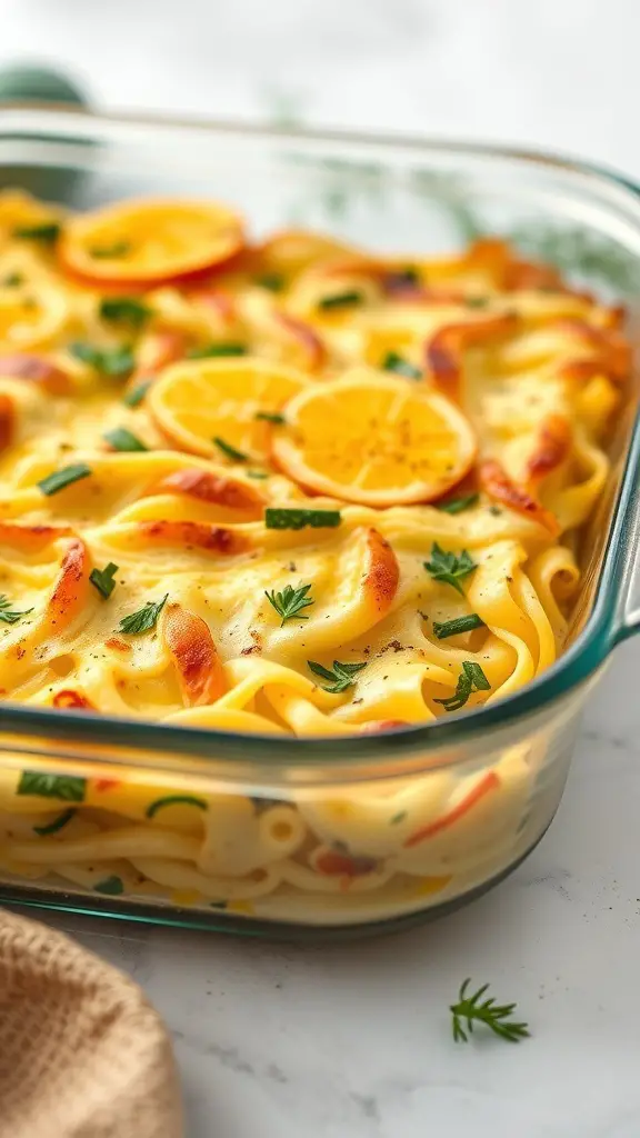 A delicious egg noodle casserole with zucchini, topped with cheese and herbs.