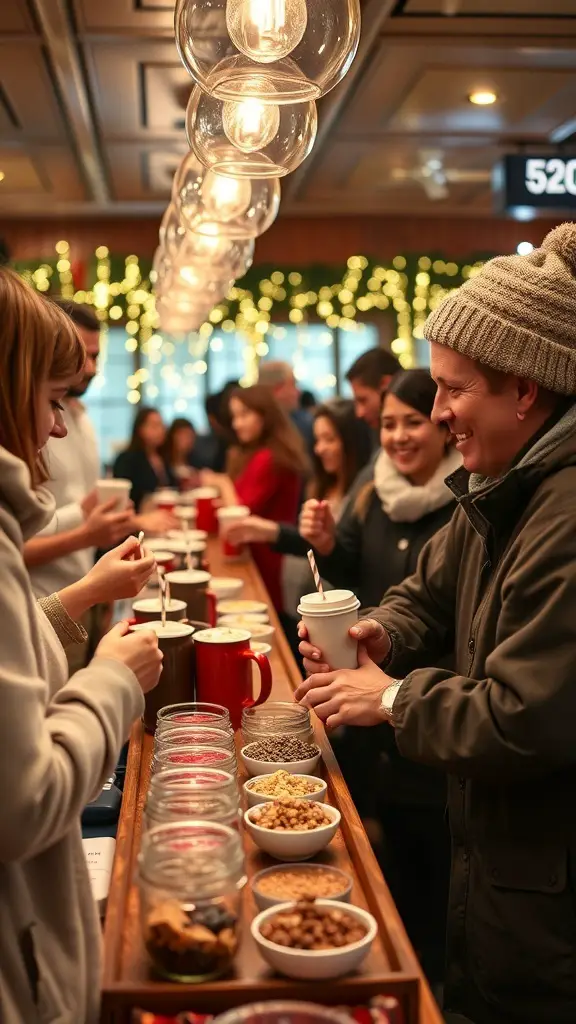 A festive hot chocolate bar with guests enjoying various toppings.