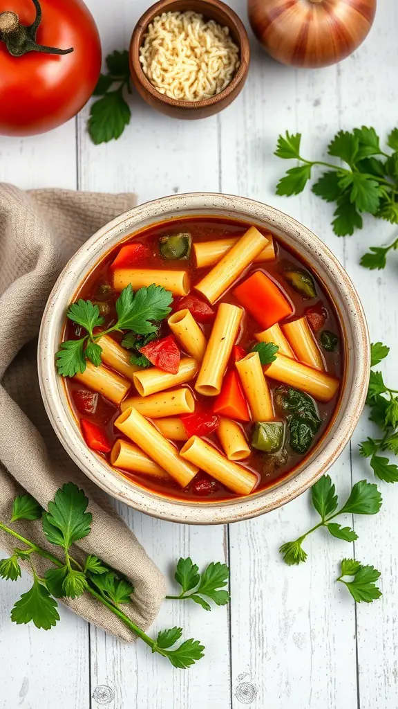 A bowl of minestrone soup with seasonal vegetables, pasta, and fresh herbs, surrounded by tomatoes and parsley.