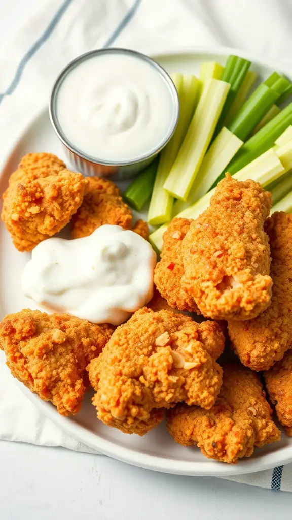 A plate of crispy buttermilk chicken tenders with ranch dressing and celery sticks