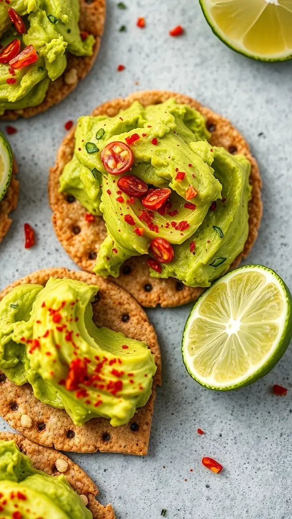 Whole grain crackers topped with avocado smash and chili flakes, with a lime slice on the side.
