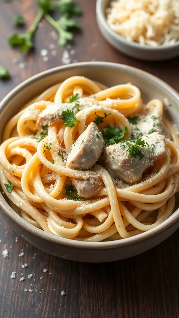 A bowl of Chicken Tenderloin Alfredo Pasta with fettuccine, chicken pieces, and parsley on top.