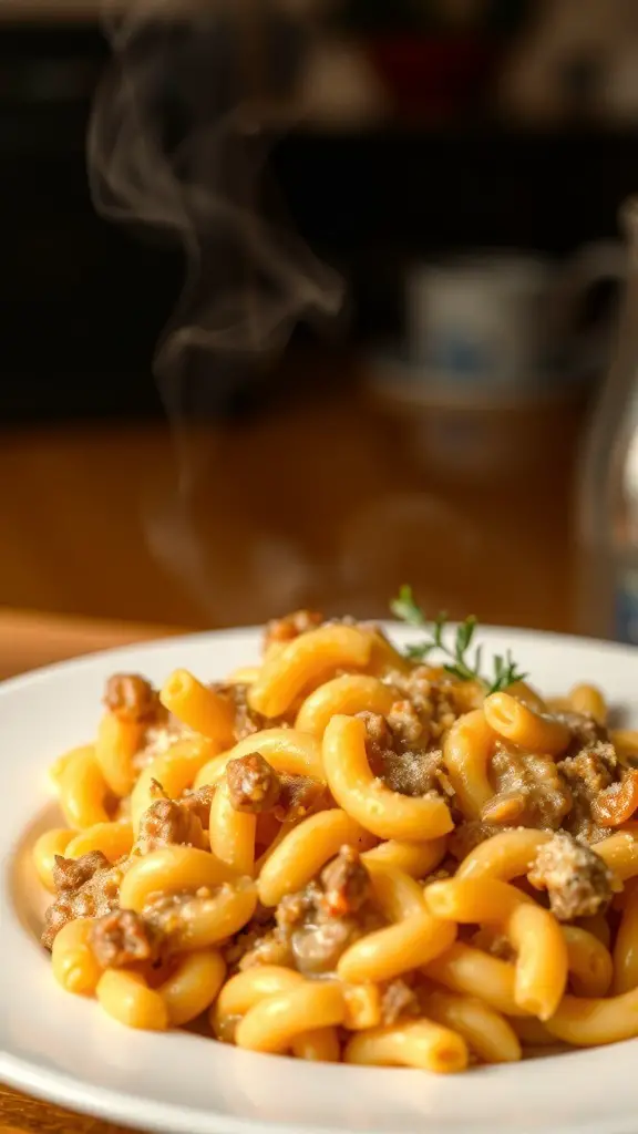 A plate of hamburger macaroni casserole with steam rising, showcasing a comforting meal.