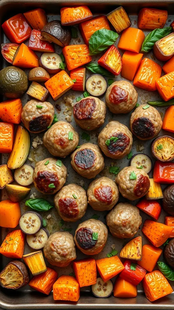 Baked meatballs with roasted vegetables on a baking tray.