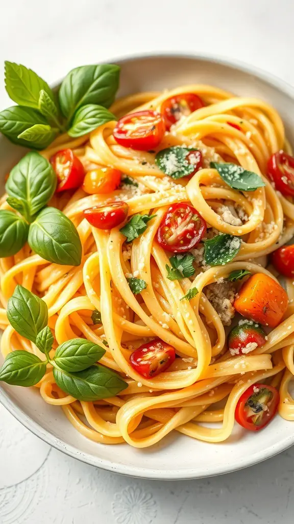 A bowl of fettuccine noodles with cherry tomatoes and fresh basil.