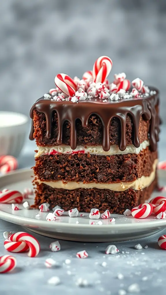 A delicious chocolate peppermint layer cake decorated with candy canes and chocolate ganache.