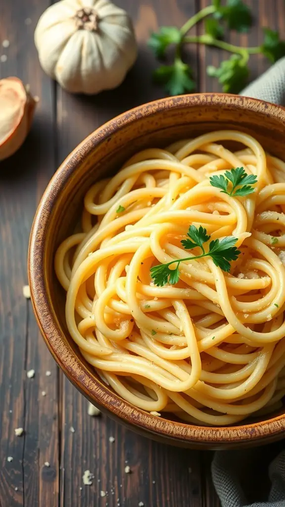 A bowl of creamy garlic parmesan fettuccine with garlic and herbs in the background.