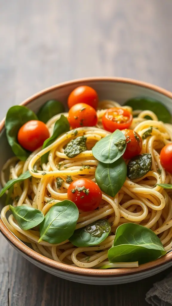 A bowl of pasta salad with pesto, cherry tomatoes, and spinach.