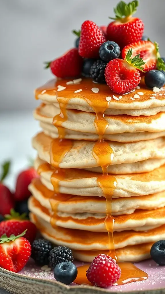 Stack of almond flour pancakes topped with fresh berries and syrup