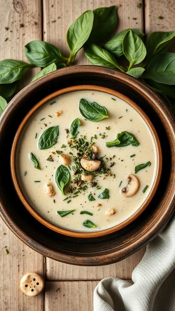A bowl of creamy spinach and mushroom soup garnished with fresh spinach leaves and mushrooms.