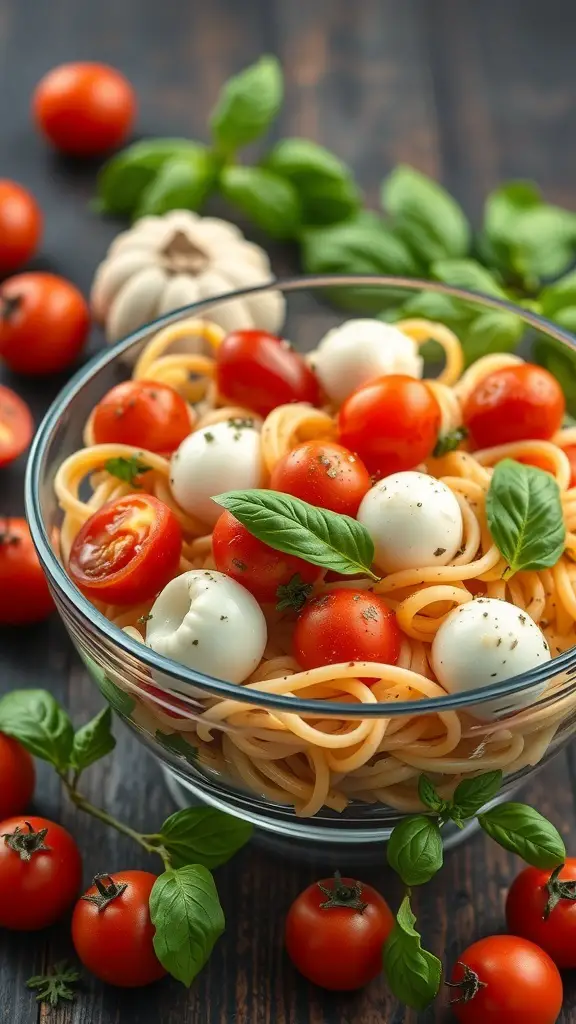 A bowl of cavatappi pasta salad with cherry tomatoes and mozzarella, garnished with fresh basil.