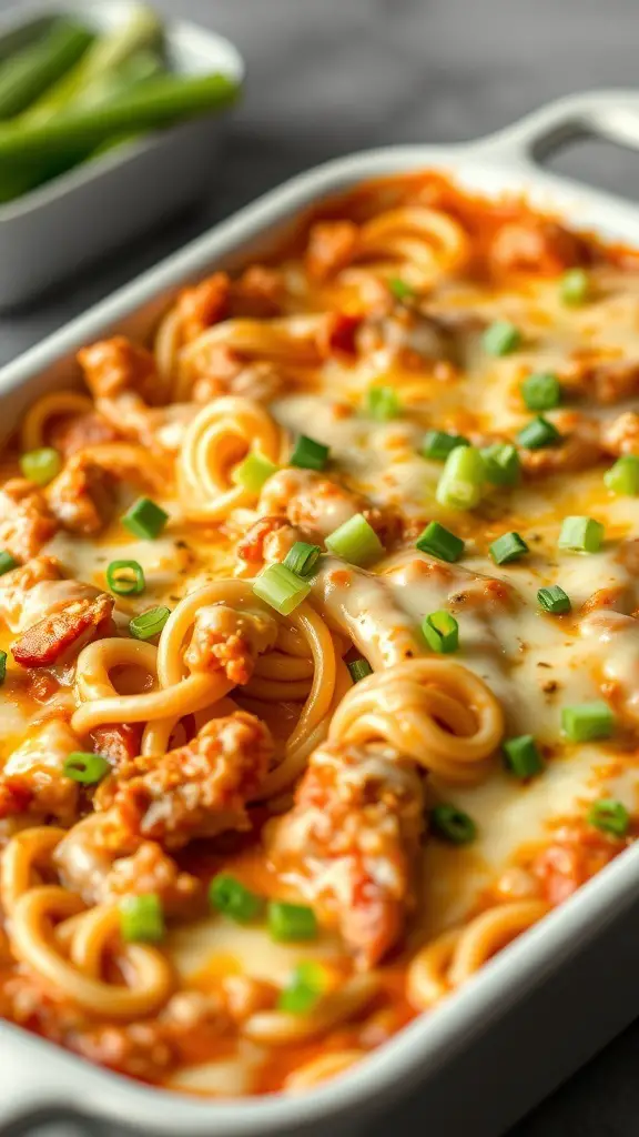 Buffalo Chicken Spaghetti Bake with cheese and green onions