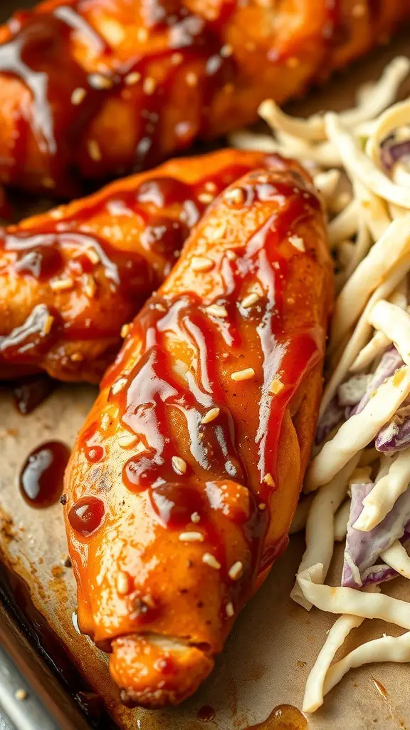 BBQ baked chicken tenderloins drizzled with sauce next to coleslaw