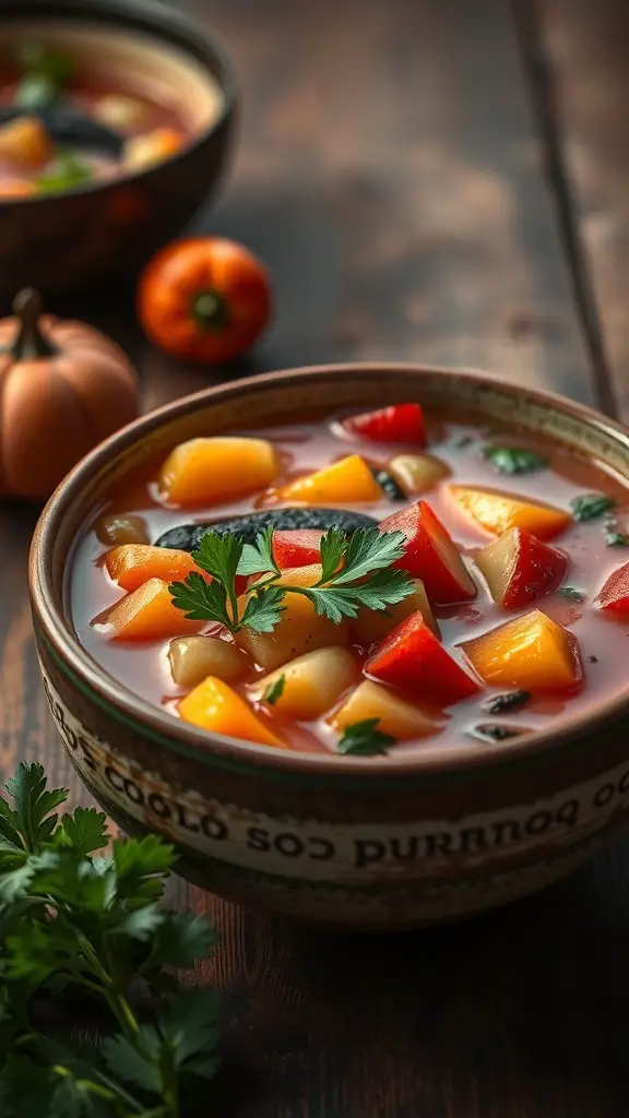 A bowl of hearty vegetable soup with colorful vegetables and herbs.