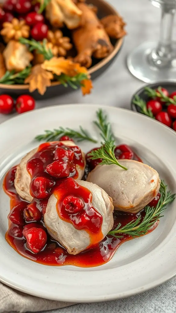 Turkey thighs served with cranberry sauce and garnished with herbs