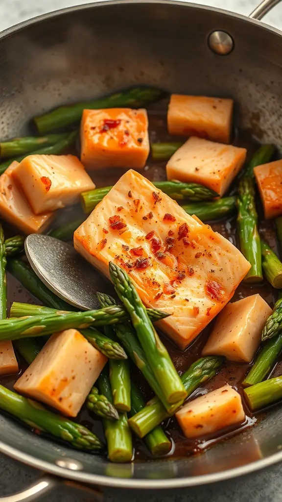 A pan with salmon and asparagus stir-fry, featuring pieces of salmon and green asparagus in a savory sauce.