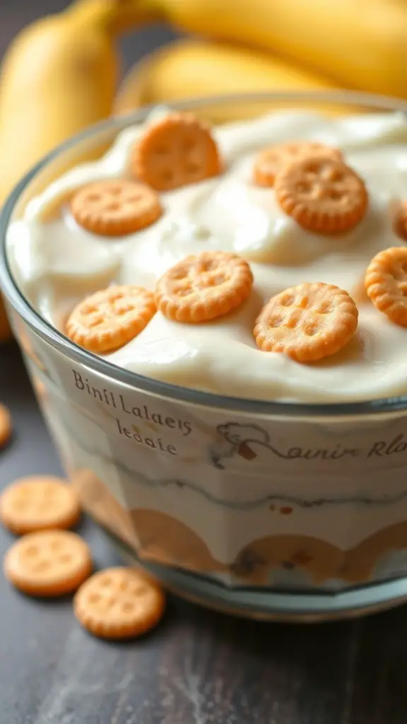 A bowl of Ritz Cracker Banana Pudding topped with crackers and bananas