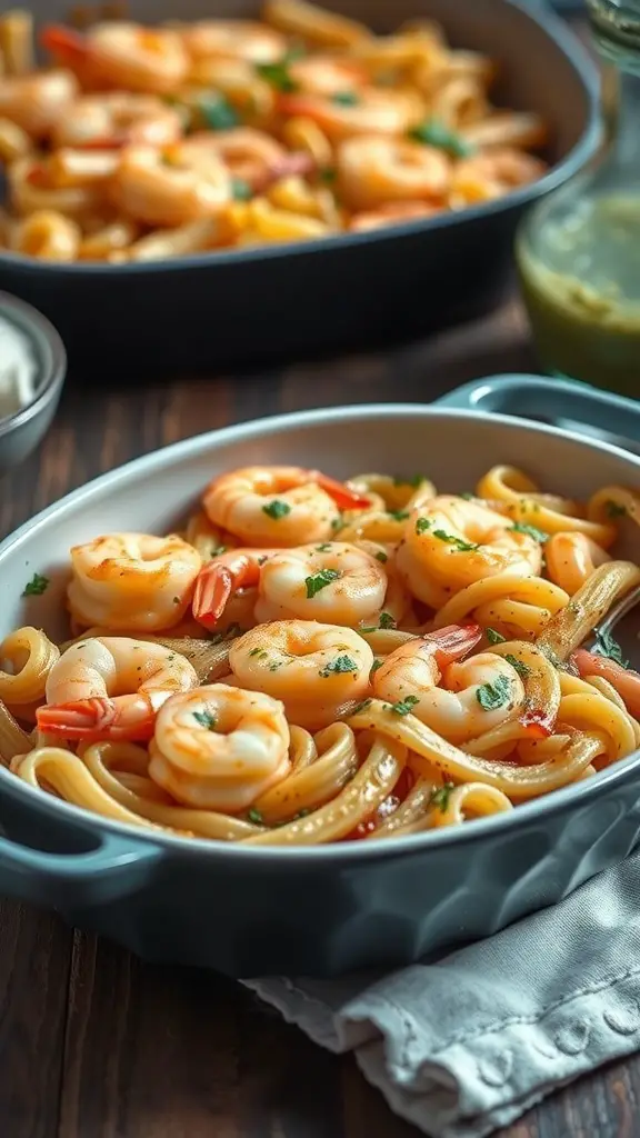 A delicious shrimp scampi pasta bake with shrimp and herbs.