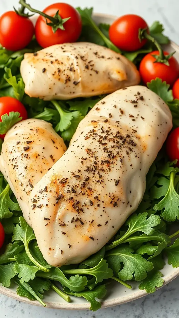 Baked chicken tenderloins seasoned with Italian herbs on a bed of greens with cherry tomatoes.