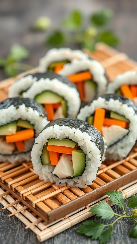 Sushi rolls filled with cucumber and carrot on a bamboo mat