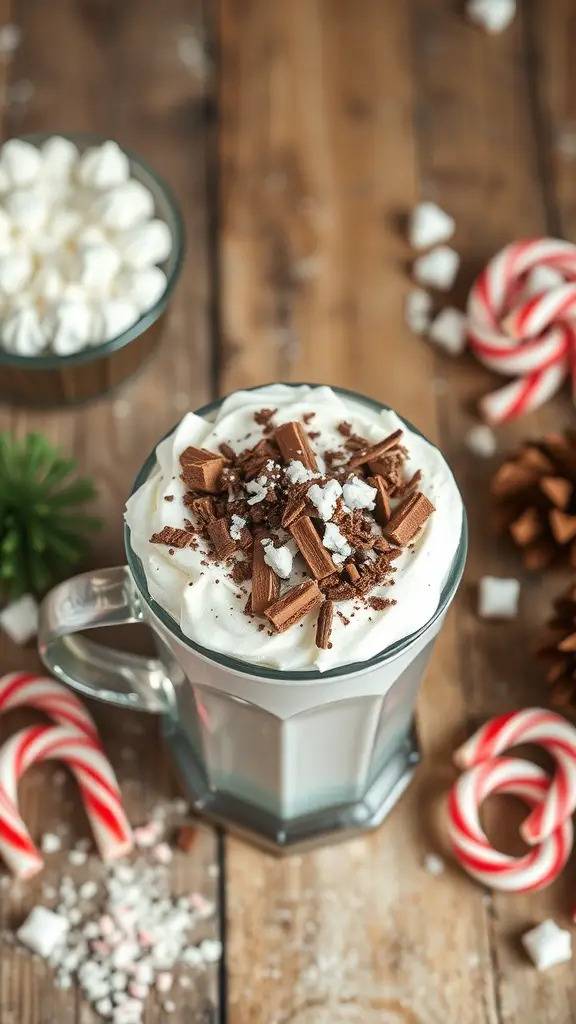A festive coffee topped with whipped cream, chocolate shavings, and surrounded by candy canes and pine cones.
