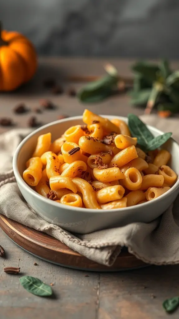 A bowl of macaroni pasta with pumpkin and sage, garnished with spices and fresh herbs.
