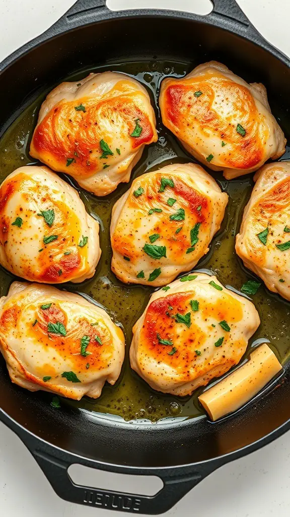 Golden brown garlic butter chicken thighs in a skillet