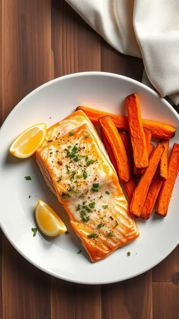 A plate of baked salmon with sweet potato fries and lemon wedges.