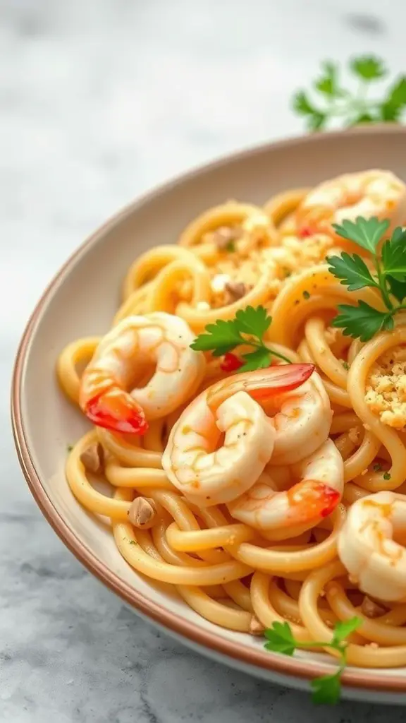 A bowl of cavatappi pasta with shrimp and garlic, garnished with parsley.