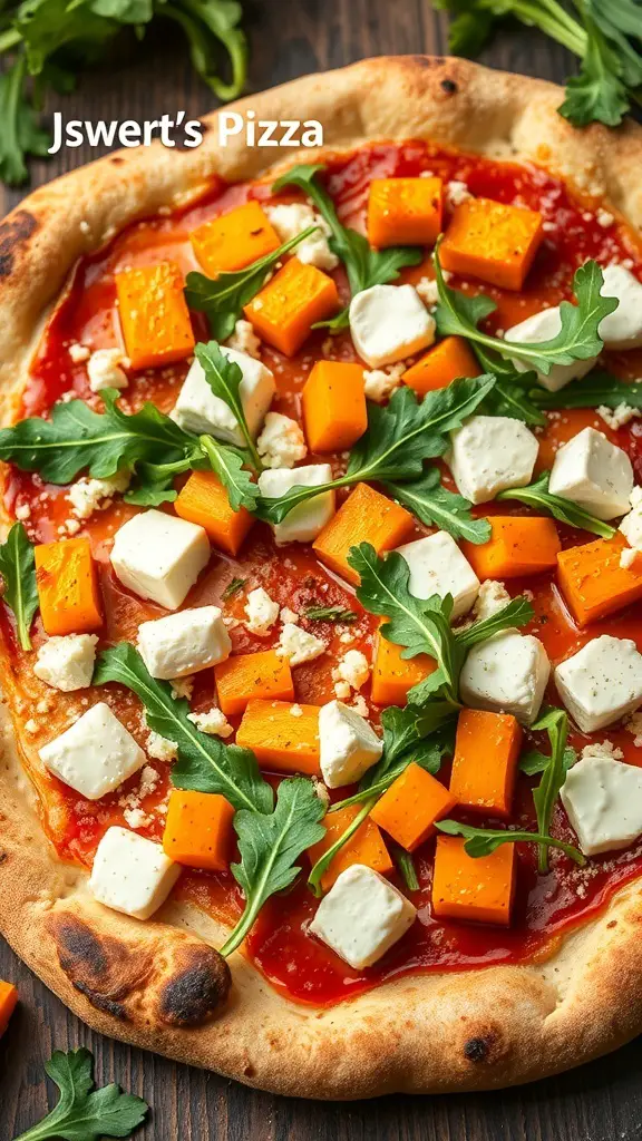 Butternut squash pizza topped with goat cheese and arugula
