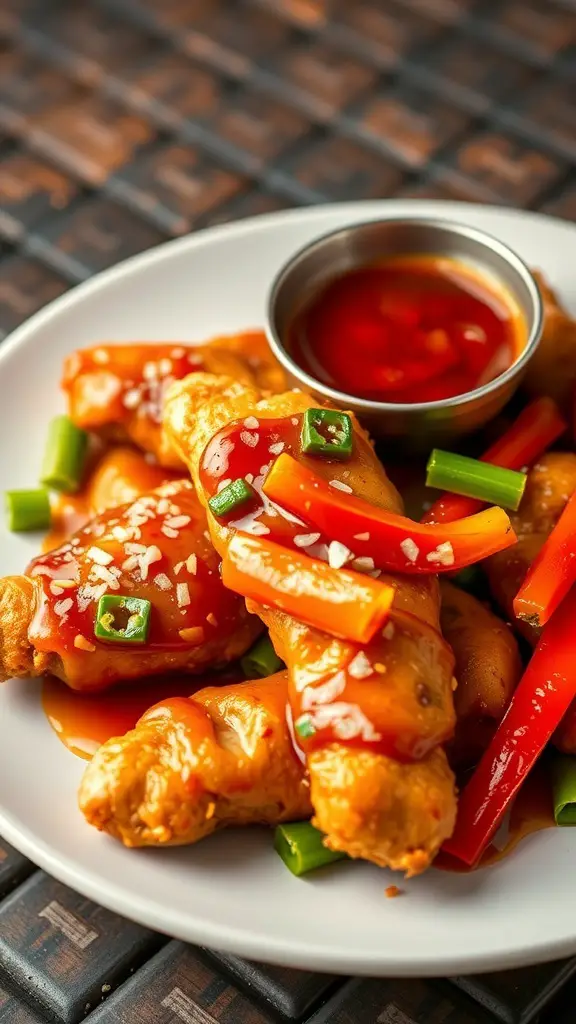 Plate of sweet and sour chicken tenders with bell peppers and green onions.