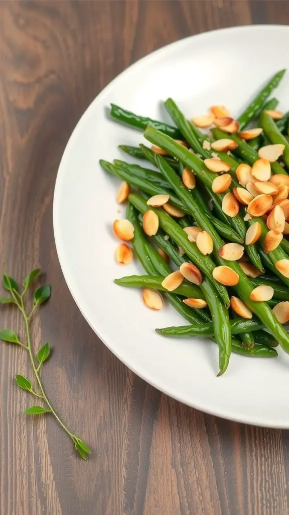 A plate of sautéed green beans topped with toasted almonds.