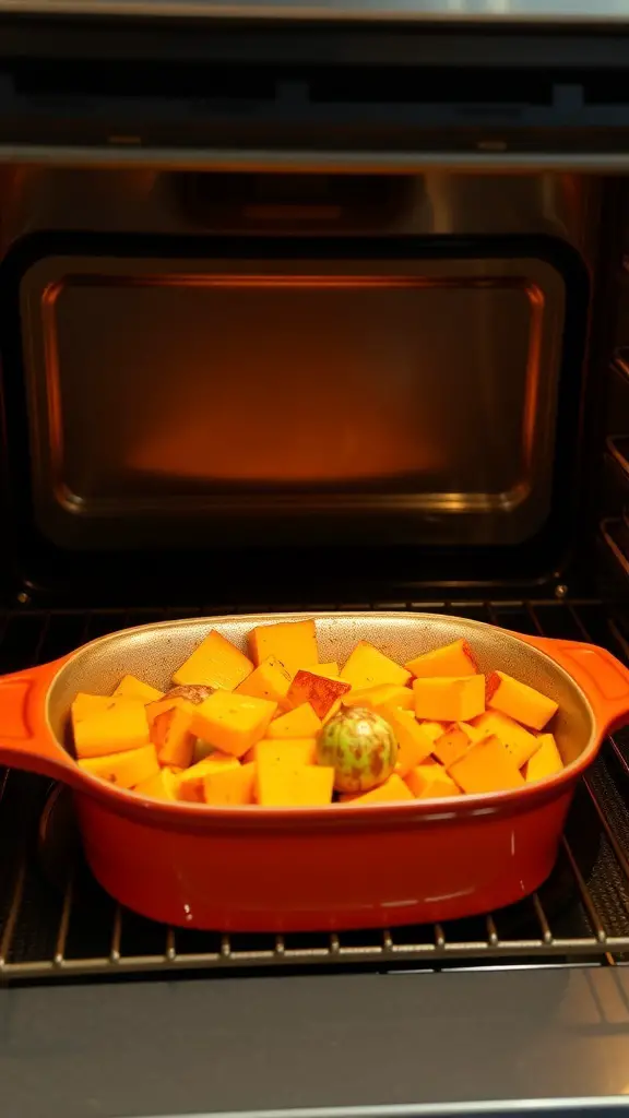 Butternut squash chunks in a red casserole dish, baking in the oven.