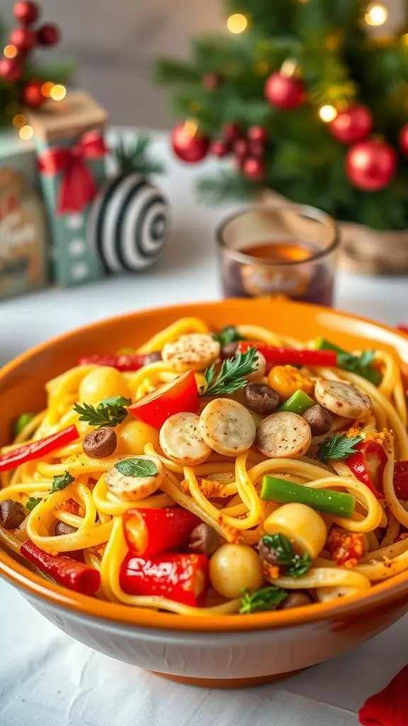 A bowl of Pasta Primavera with colorful seasonal vegetables, set against a festive background.
