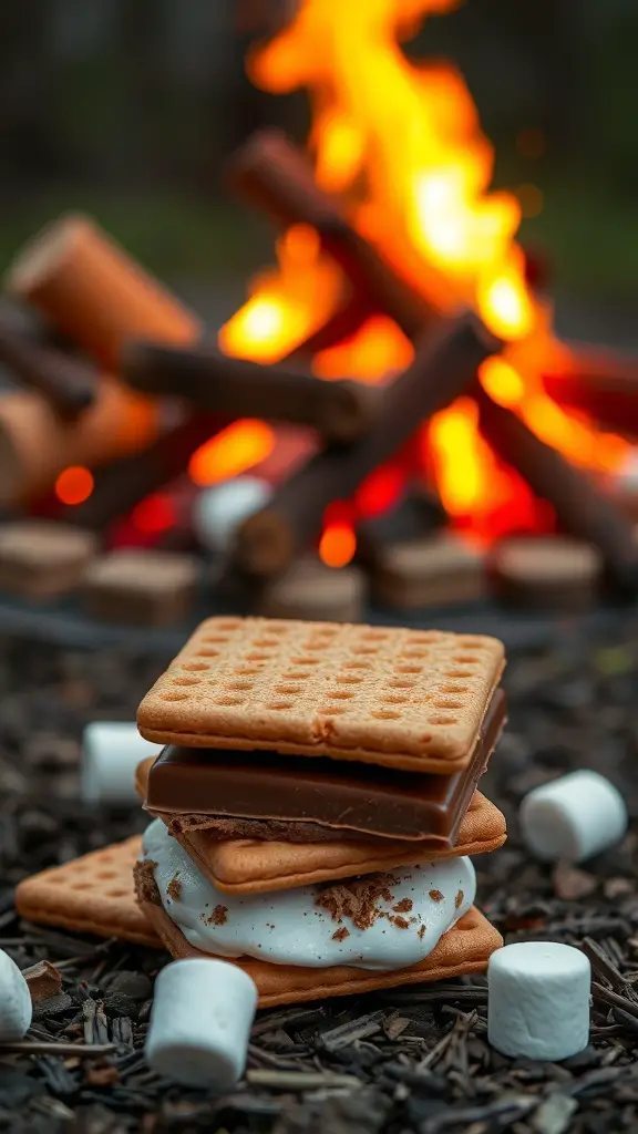 Ritz Cracker S'mores stacked with chocolate and marshmallows in front of a campfire