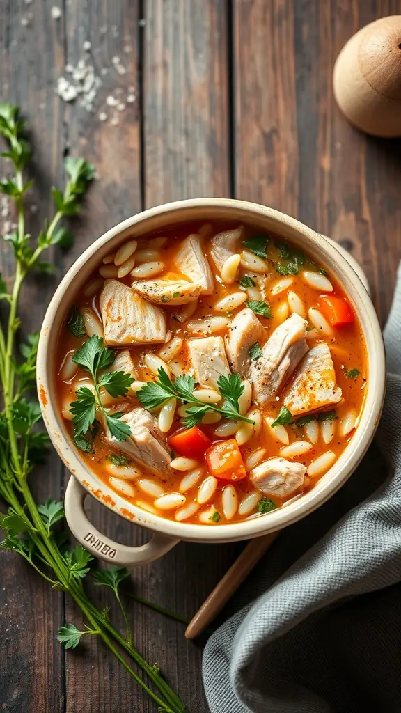 A bowl of Italian Chicken and Rice Soup with chicken, rice, and vegetables.