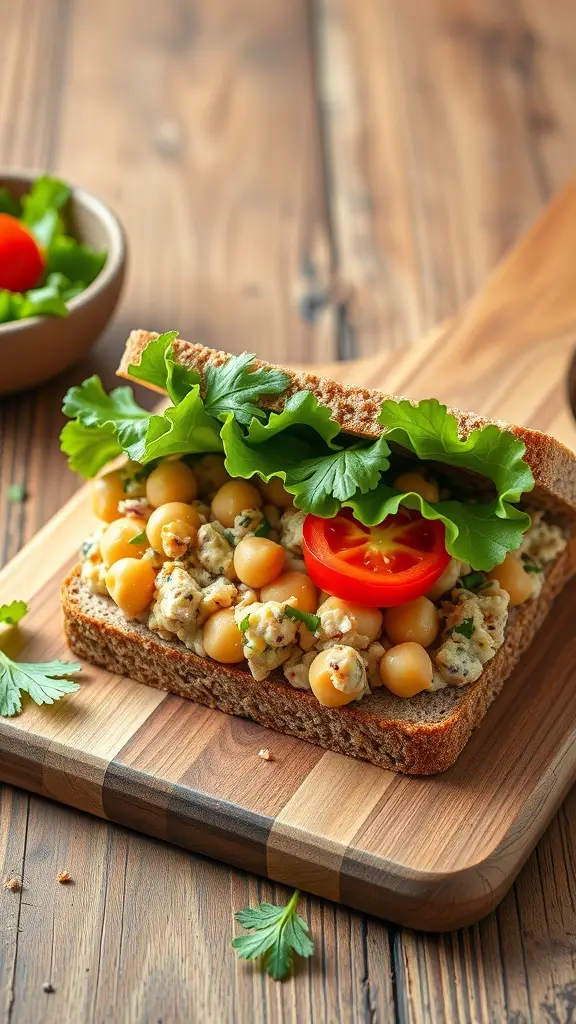 Chickpea salad sandwich with lettuce and tomato on whole grain bread