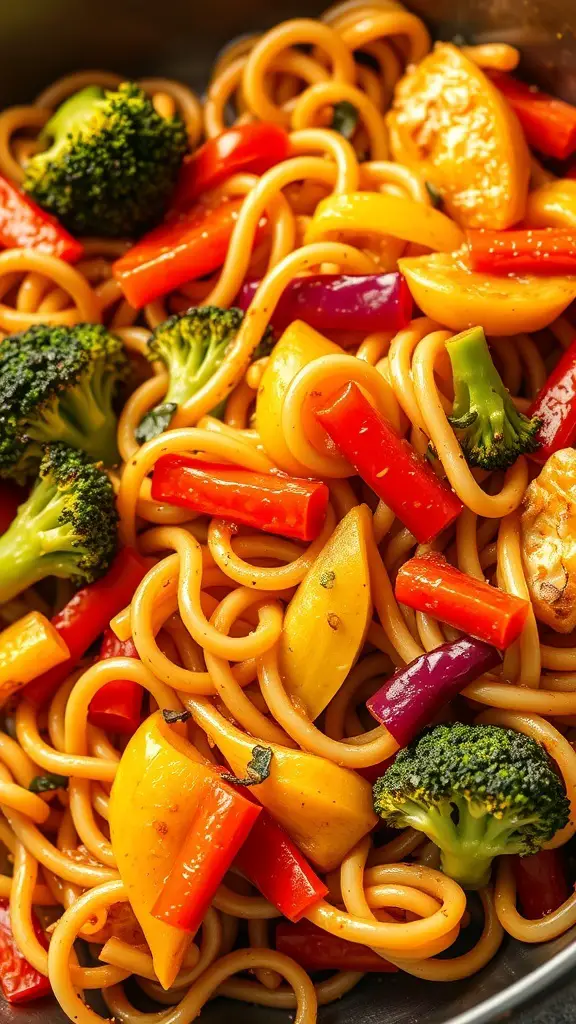 A bowl of stir-fried rotini pasta with colorful vegetables like bell peppers and broccoli.
