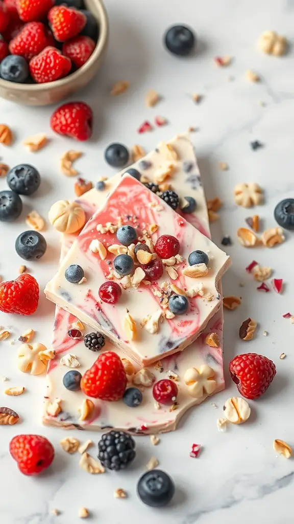 Frozen yogurt bark topped with berries and nuts on a marble surface