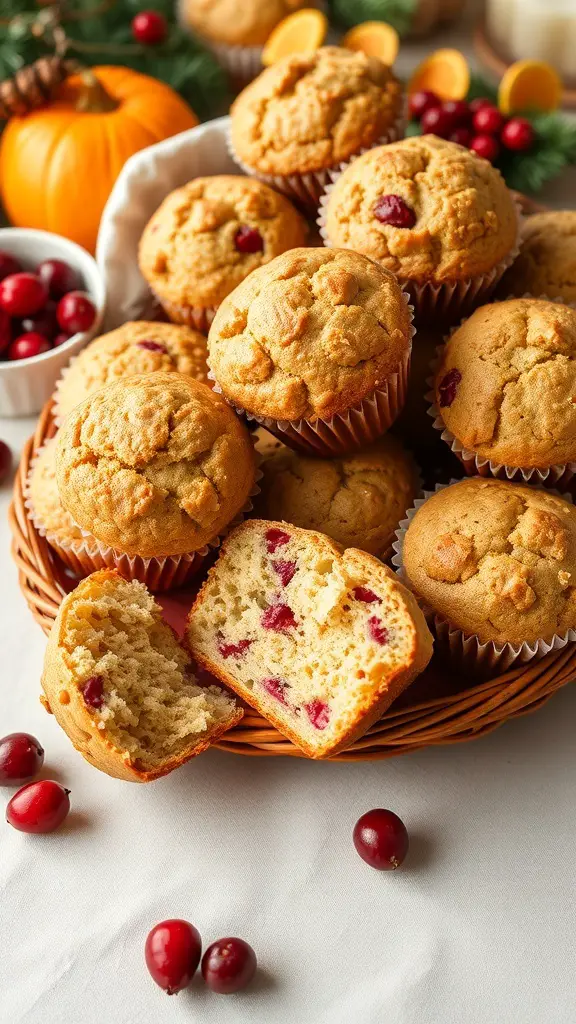 A basket of cranberry orange muffins with some cranberries and a pumpkin in the background.