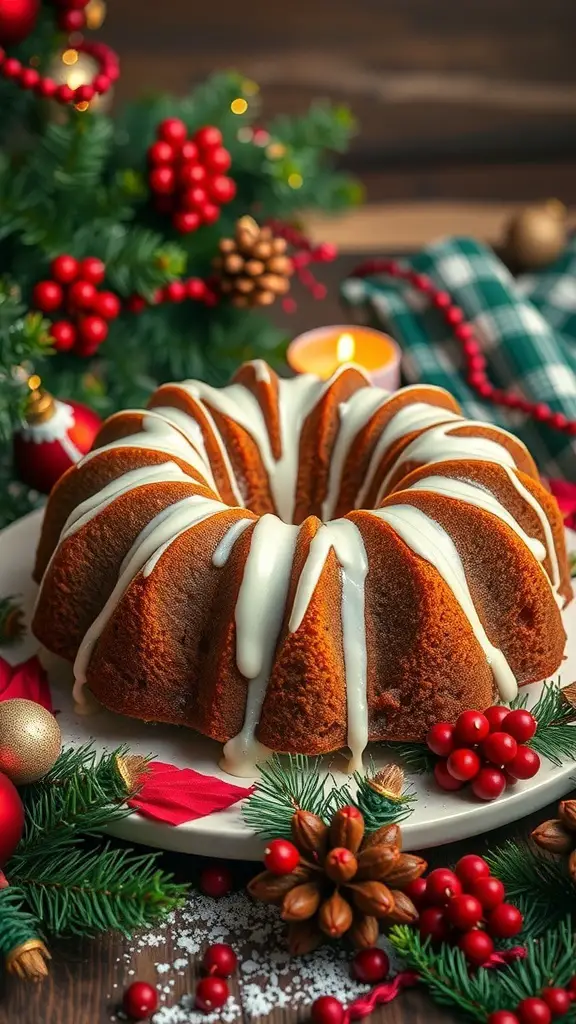 A beautifully decorated Holiday Spice Bundt Cake surrounded by festive decorations.