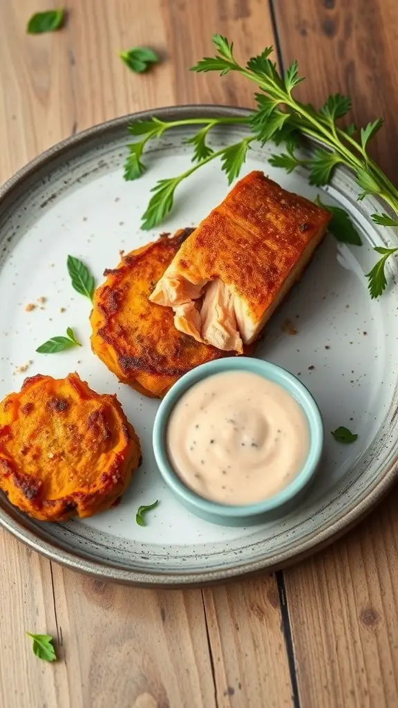 Salmon and sweet potato cakes served with dipping sauce on a plate