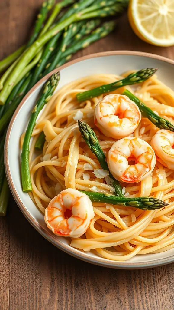 A plate of shrimp fettuccine with asparagus, garnished with lemon.