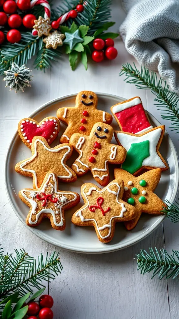 A plate of decorated gingerbread cookies surrounded by festive decorations.